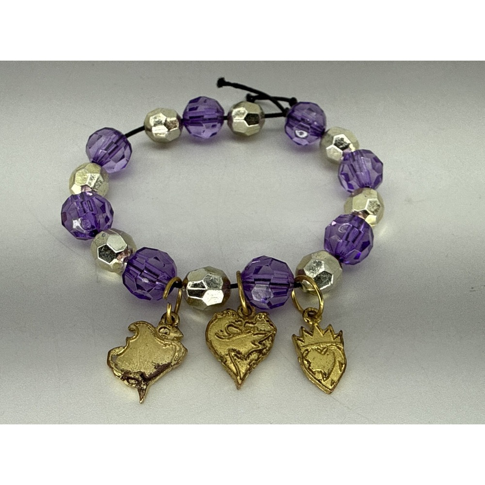 Disney Charm Bracelet Purple Beads Gold Charms Stretch Jewelry Vintage